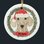 Personalized Smooth Cream Dachshund Ceramic Ornament<br><div class="desc">Make the nice list this year with a personalized Christmas ornament of your sweet smooth cream dachshund santa elf! For the sweetest gifts,  pair it with a matching art print or another item from my collection!</div>