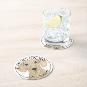 Personalized Smooth Cream Dachshund Dog Wedding Round Paper Coaster