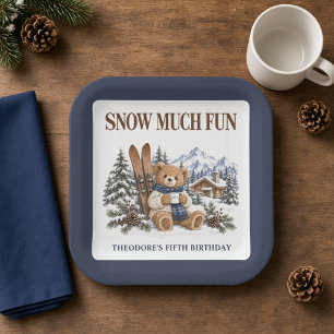 Personalized Snow Much Fun Ski Teddy Bear Paper Plate
