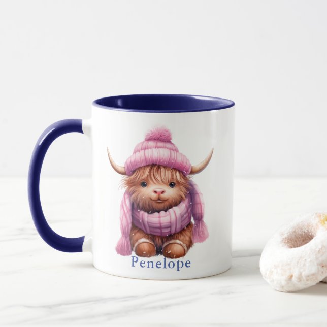 Personalized Snow Play Highland Cow Pink/Blue Mug (With Donut)