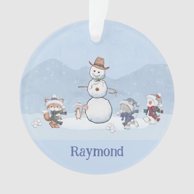 Personalized Snowball Fight Custom Snowman Animals Ornament (Front)