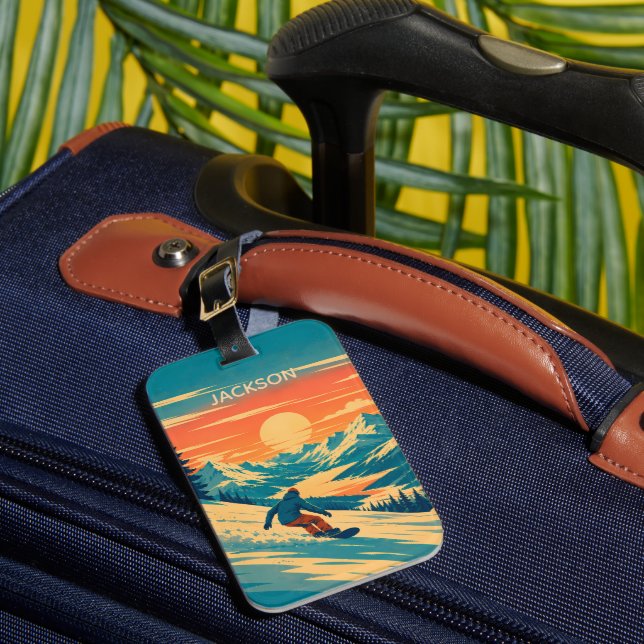 Personalized Snowboard Mountain Sunset Custom Name Luggage Tag (Front Insitu 1)