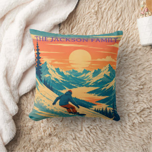 Personalized Snowboard Mountain Sunset Custom Name Throw Pillow