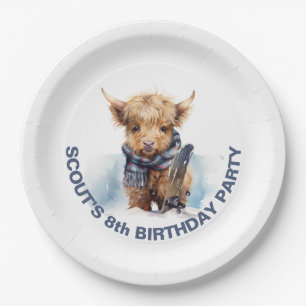 Personalized Snowboarding Highland Cow Paper Plate