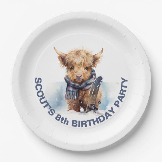 Personalized Snowboarding Highland Cow Paper Plate (Front)
