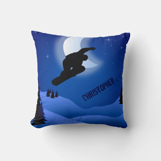 Personalized Snowboarding Mountains and Moon Throw Pillow (Front)