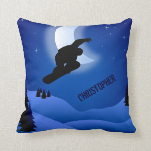 Personalized Snowboarding Mountains and Moon Throw Pillow