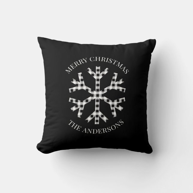 Personalized Snowflake Black White Buffalo Check Throw Pillow (Front)