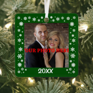 Personalized Snowflake Bordered Photo Tree Metal Ornament