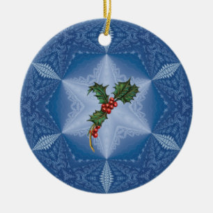 Personalized Snowflake with Holly Ornament.1 Ceramic Ornament