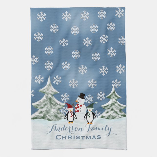 Personalized Snowman And Penguin Kitchen Towel (Vertical)