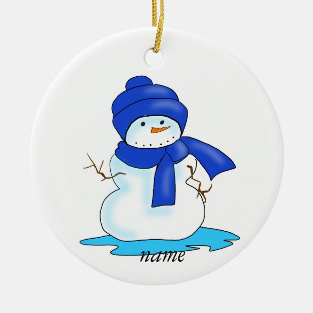 Personalized snowman blue hat  and scarf ceramic ornament (Front)