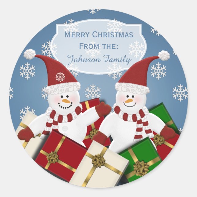 Personalized Snowman Christmas Stickers Blue (Front)