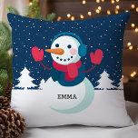 Personalized Snowman Christmas Throw Pillow<br><div class="desc">Delight in the festive season with this charming throw pillow featuring an adorable snowman wearing earmuffs, mittens, and a cozy scarf, set against a snowy night background. Customized with the name "Emma, " this pillow adds a personal touch to your holiday decor. Perfect for a child's bedroom, living room, or...</div>