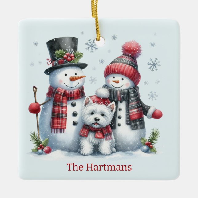 Personalized Snowman Couple with Westie Ornament (Front)