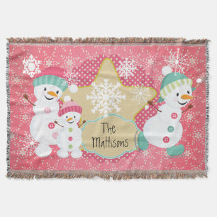 Personalized Snowman Family Holiday Throw Blanket