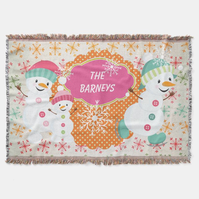 Personalized Snowman Family Holiday Throw Blanket (Front)