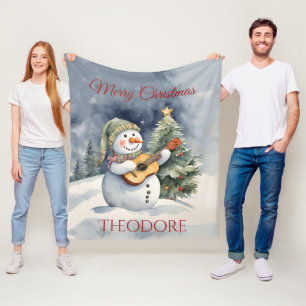 Personalized Snowman Guitar Christmas Fleece Blanket