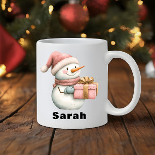 Personalized Snowman Holding Gift Custom Name Coffee Mug