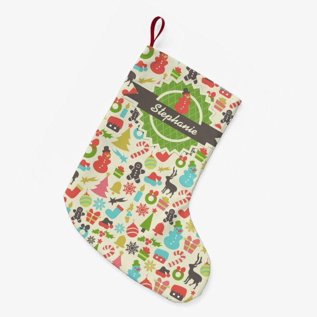 Personalized Snowman Retro Christmas Pattern Small Christmas Stocking (Front (Hanging))