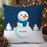 Personalized Snowman Scarf Christmas Throw Pillow<br><div class="desc">Bring the magic of winter into your home with this adorable throw pillow featuring a cheerful snowman adorned with a cozy scarf, set against a snowy night backdrop. Customized with the name "Elijah, " this pillow adds a personal touch to your holiday decor. Perfect for a child's bedroom, living room,...</div>
