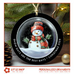Personalized Snowman Snow Globe Photo Ceramic Ornament<br><div class="desc">Elevate your holiday decor with this personalized Christmas ornament that features a charming watercolor illustration of a snowman wearing a cozy hat and scarf, nestled inside a snow globe, and surrounded by delicate falling snow. The front includes text that says, “Snow Days are the Best Days” and “Christmas 2024, ”...</div>