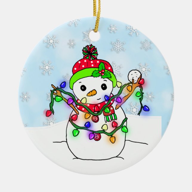 Personalized Snowman with Christmas Lights Ceramic Ornament (Front)