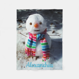 Personalized Snowman with Rainbow Scarf Fleece Bla Blanket