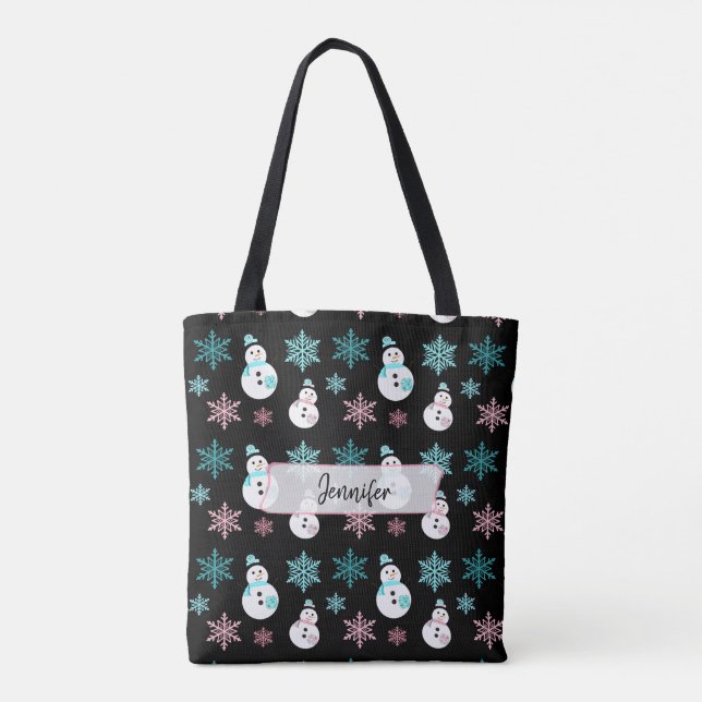 Personalized Snowmen and Snowflakes Christmas Tote Bag (Back)