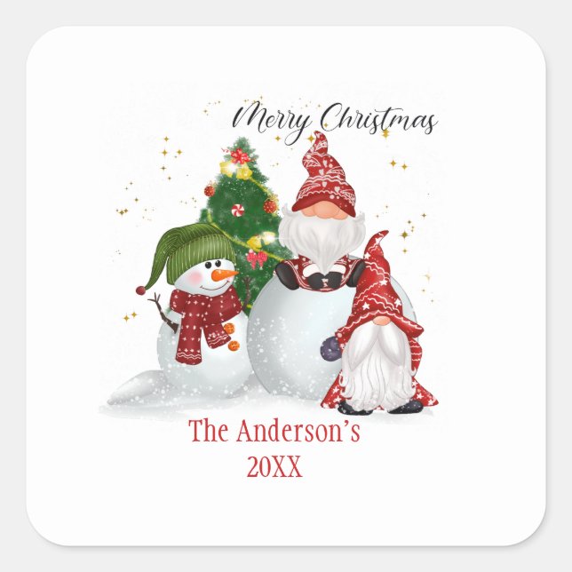 Personalized Snowmen Gnomes Christmas Square Sticker (Front)