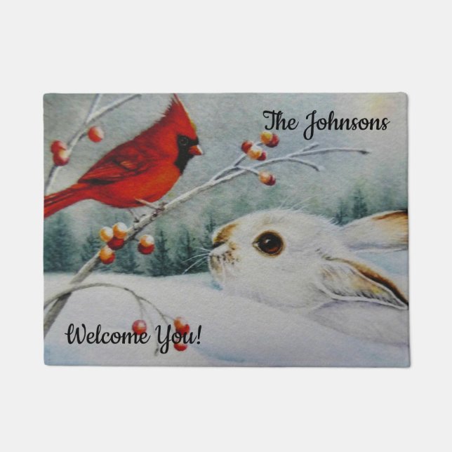 Personalized Snowshoe Rabbit & Red Cardinal Bird  Doormat (Front)