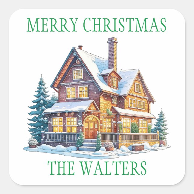 Personalized Snowy Log Cabin Christmas Square Sticker (Front)
