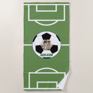 Personalized Soccer Ball and Field Photo template Beach Towel