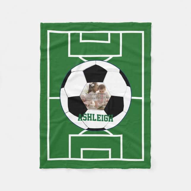 Personalized Soccer Ball and Field Photo template Fleece Blanket (Front)