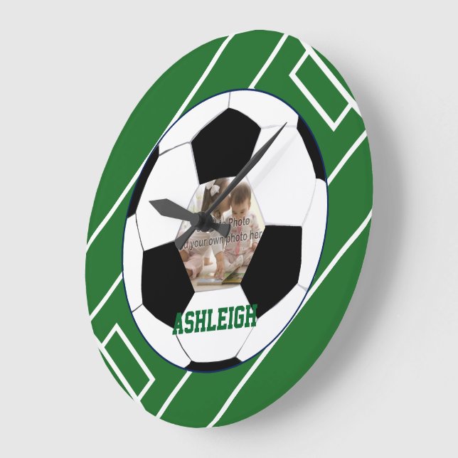 Personalized Soccer Ball and Field Photo template Large Clock (Angle)