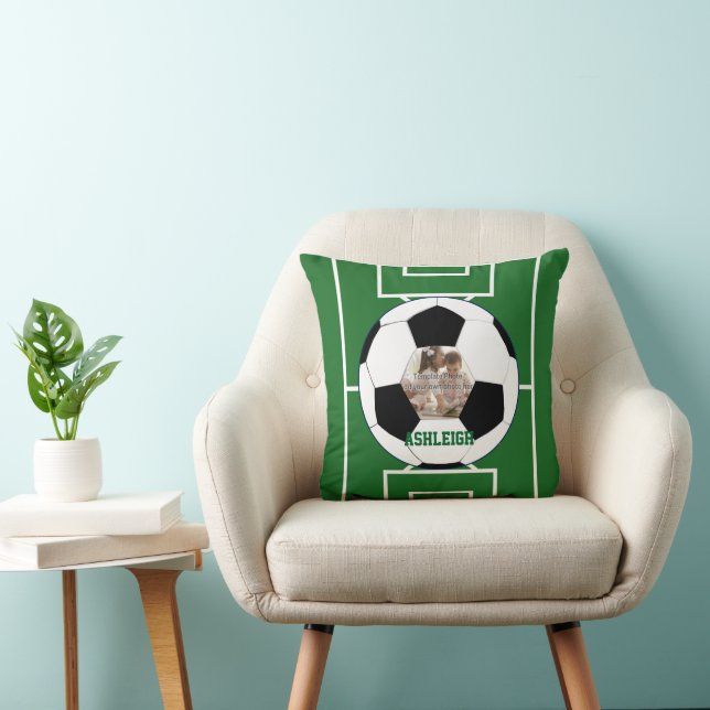 Personalized Soccer Ball and Field Photo template Throw Pillow (Chair)