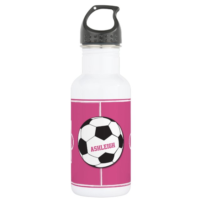Personalized Soccer Ball and Field Pink 532 Ml Water Bottle (Front)