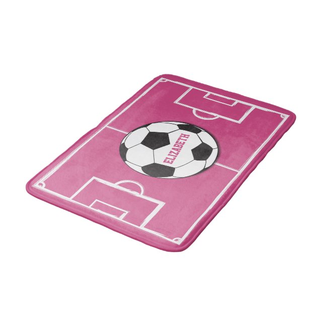Personalized Soccer Ball and Field Pink Bath Mat (Angled)