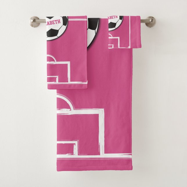 Personalized Soccer Ball and Field Pink Bath Towel Set (Insitu)