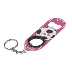 Personalized Soccer Ball and Field Pink Mini Bottle Opener