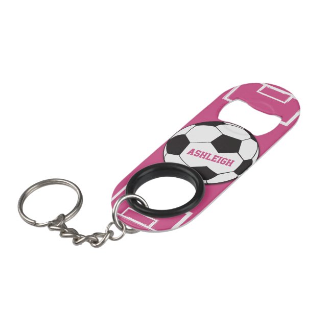Personalized Soccer Ball and Field Pink Mini Bottle Opener (Front Angled)