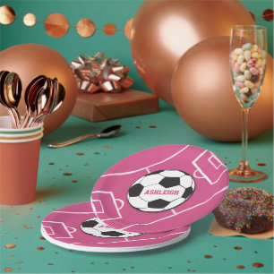 Personalized Soccer Ball and Field Pink Paper Plate