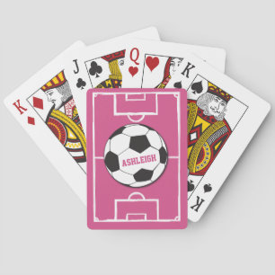 Personalized Soccer Ball and Field Pink Playing Cards
