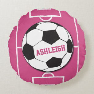 Personalized Soccer Ball and Field Pink Round Pillow