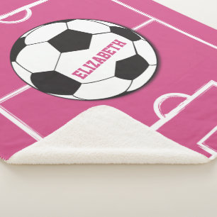 Personalized Soccer Ball and Field Pink Sherpa Blanket