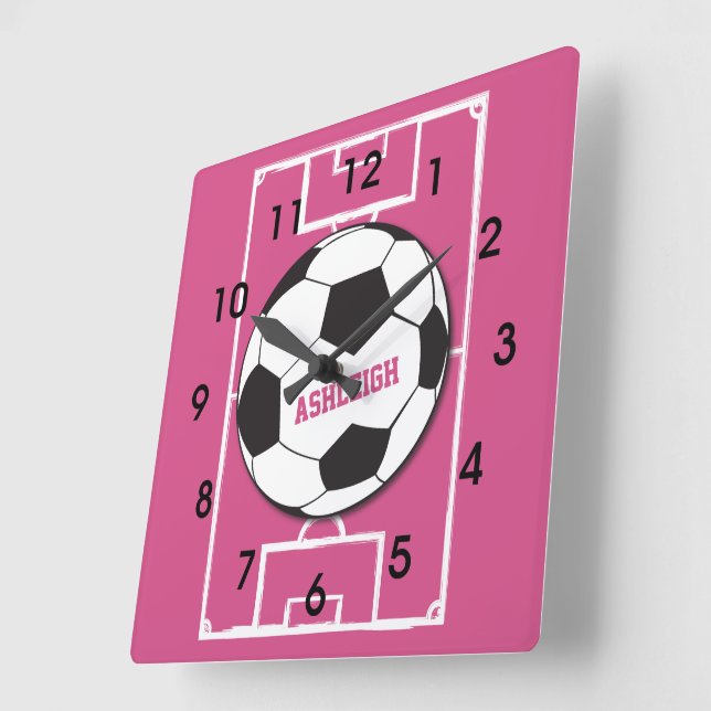 Personalized Soccer Ball and Field Pink Square Wall Clock (Angle)