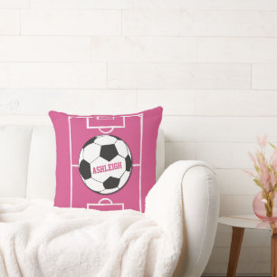 Personalized Soccer Ball and Field Pink Throw Pillow