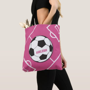 Personalized Soccer Ball and Field Pink Tote Bag