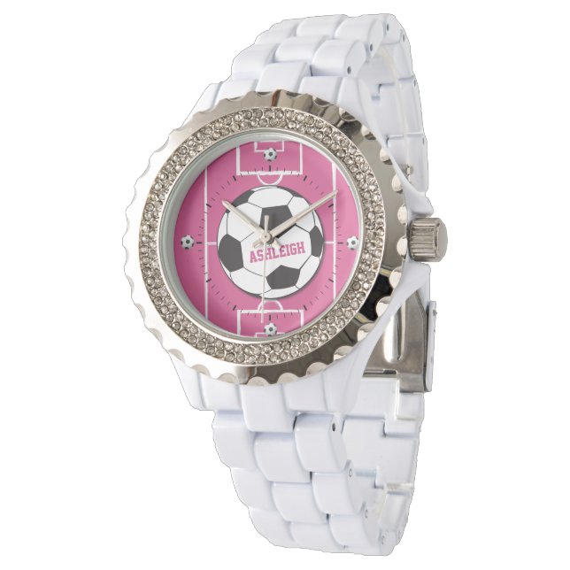 Personalized Soccer Ball and Field Pink Watch (Angled)