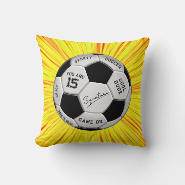Personalized Soccer Ball Birthday | Age Name Text Throw Pillow (Front)